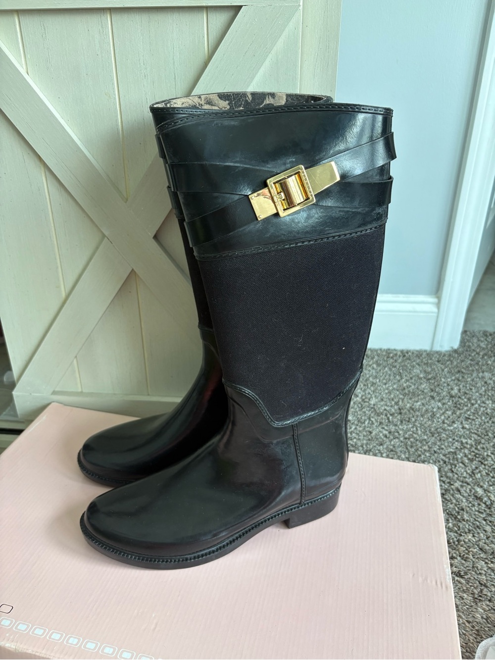 Ted Baker Black Knee-High Rain Boots with Gold Buckle